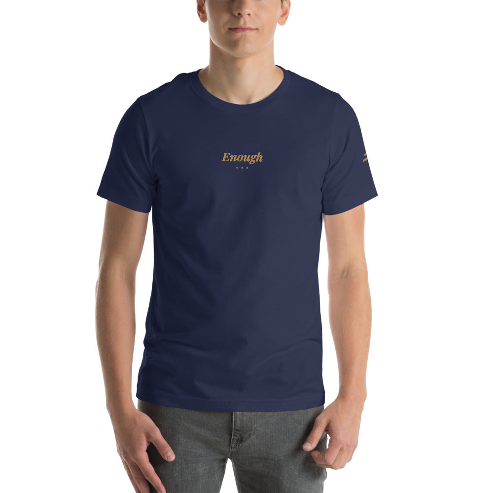 Enough Embroidered Tee in Navy, front view, worn.