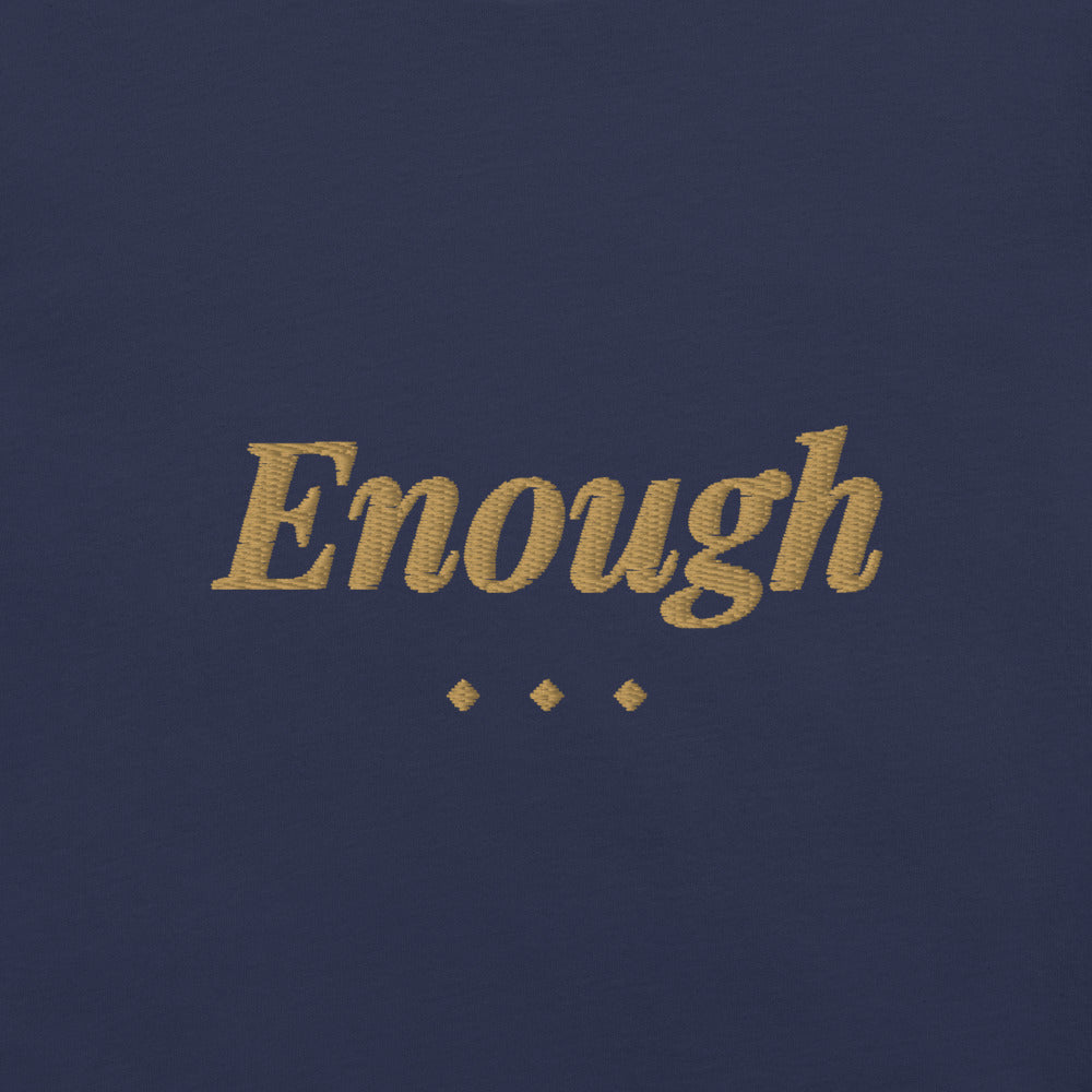Enough Embroidered Tee in Navy, front view, worn.