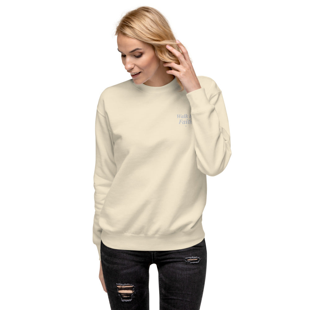 Walk By Faith Embroidered Crewneck Sweatshirt in Bone, front view, worn.