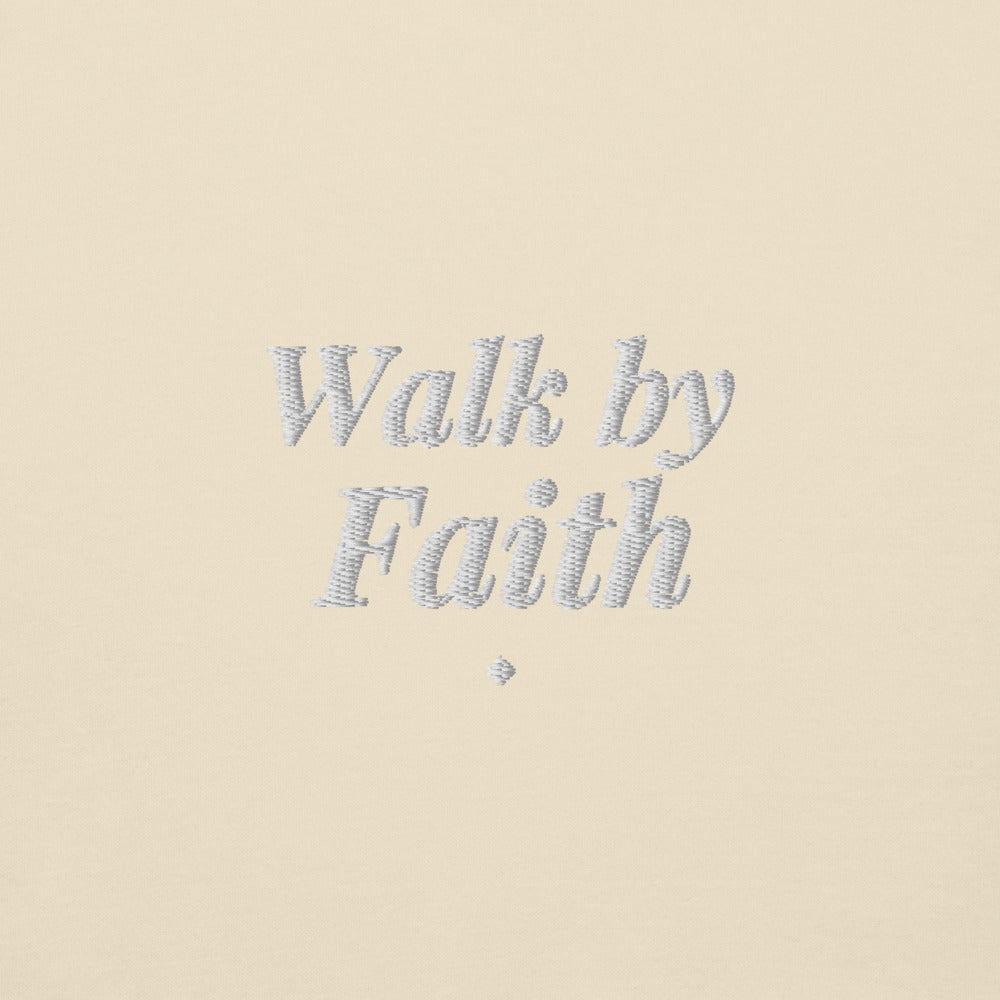Walk By Faith Embroidered Crewneck Sweatshirt in Bone, front view, worn.