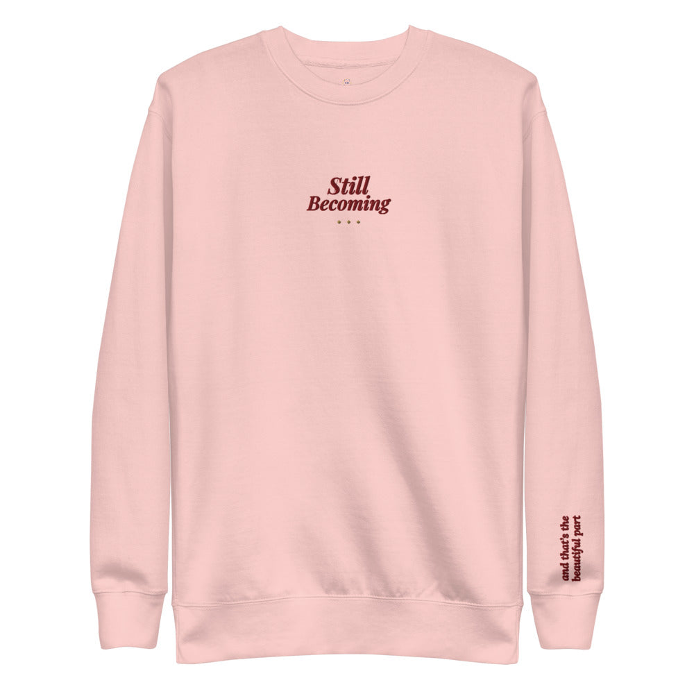 Still Becoming Embroidered Crewneck Sweatshirt in Light Pink, front view.