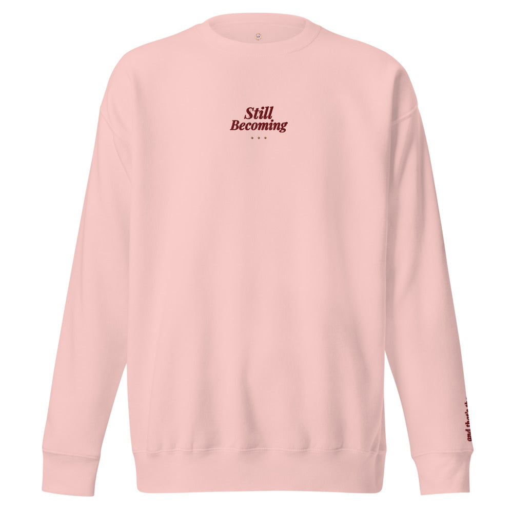 Still Becoming Embroidered Crewneck Sweatshirt in Light Pink, front view.