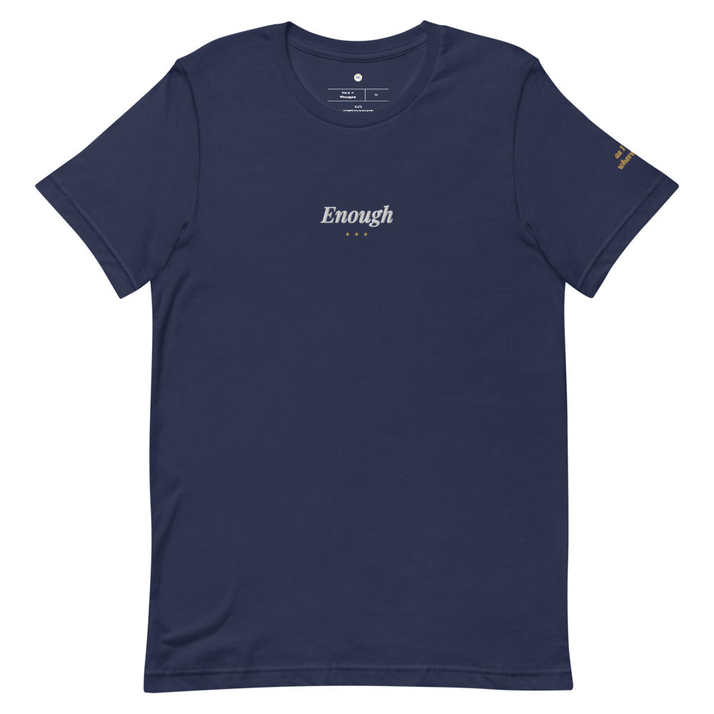 Enough Embroidered Tee in Navy, front view.