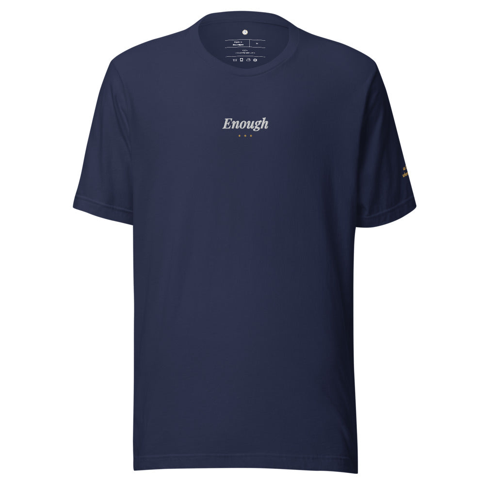 Enough Embroidered Tee in Navy, front view.