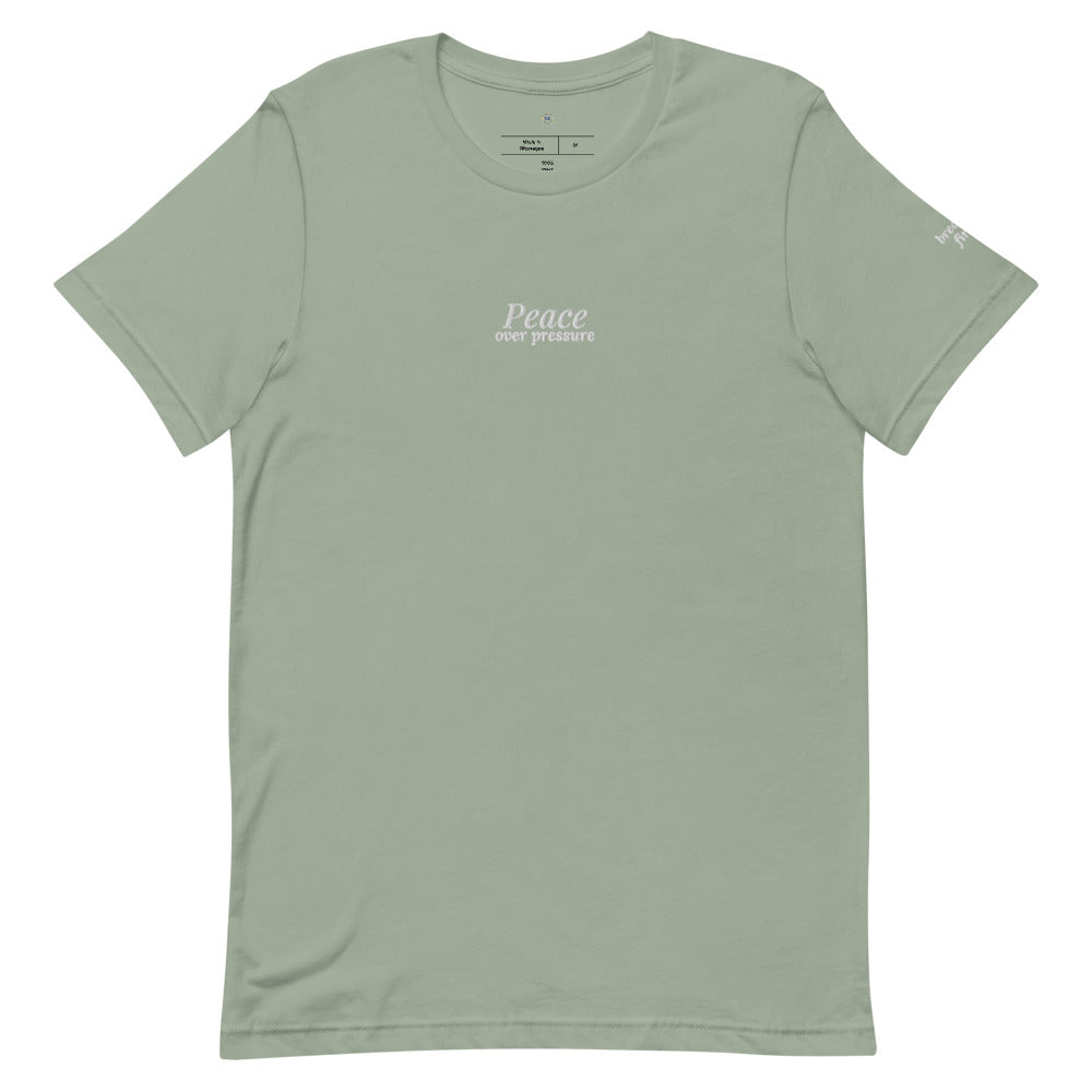 Peace Over Pressure Embroidered Tee in Sage, front view.