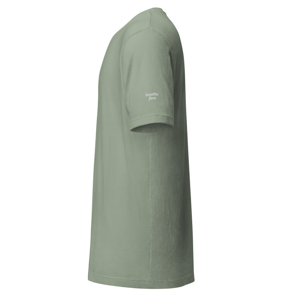 Peace Over Pressure Embroidered Tee in Sage, left sleeve embroidery detail.