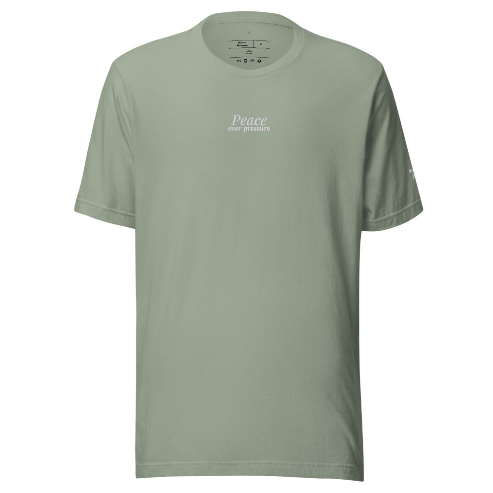 Peace Over Pressure Embroidered Tee in Sage, front view.