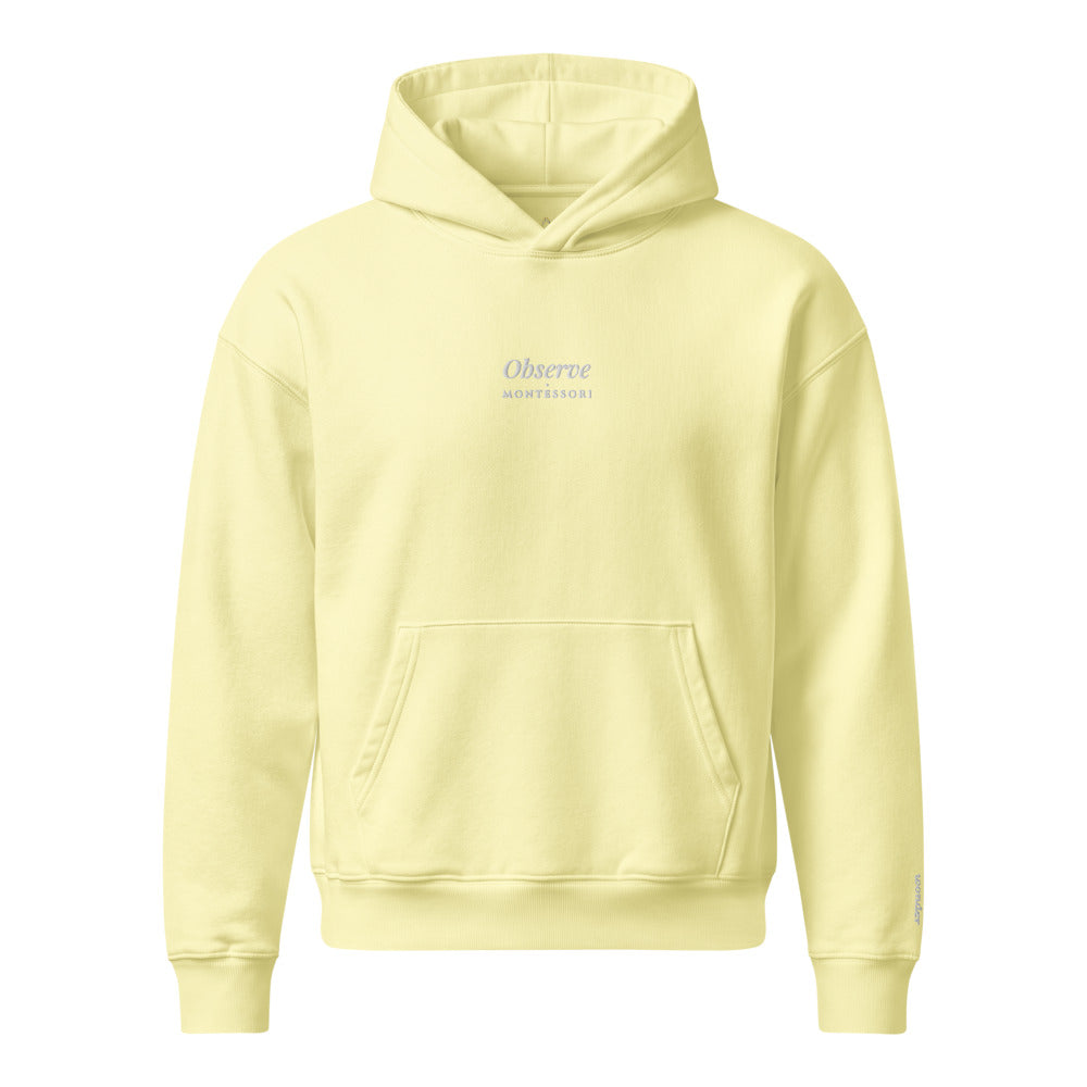 Observe Embroidered Hoodie in Lemon Sorbet, front flat view.