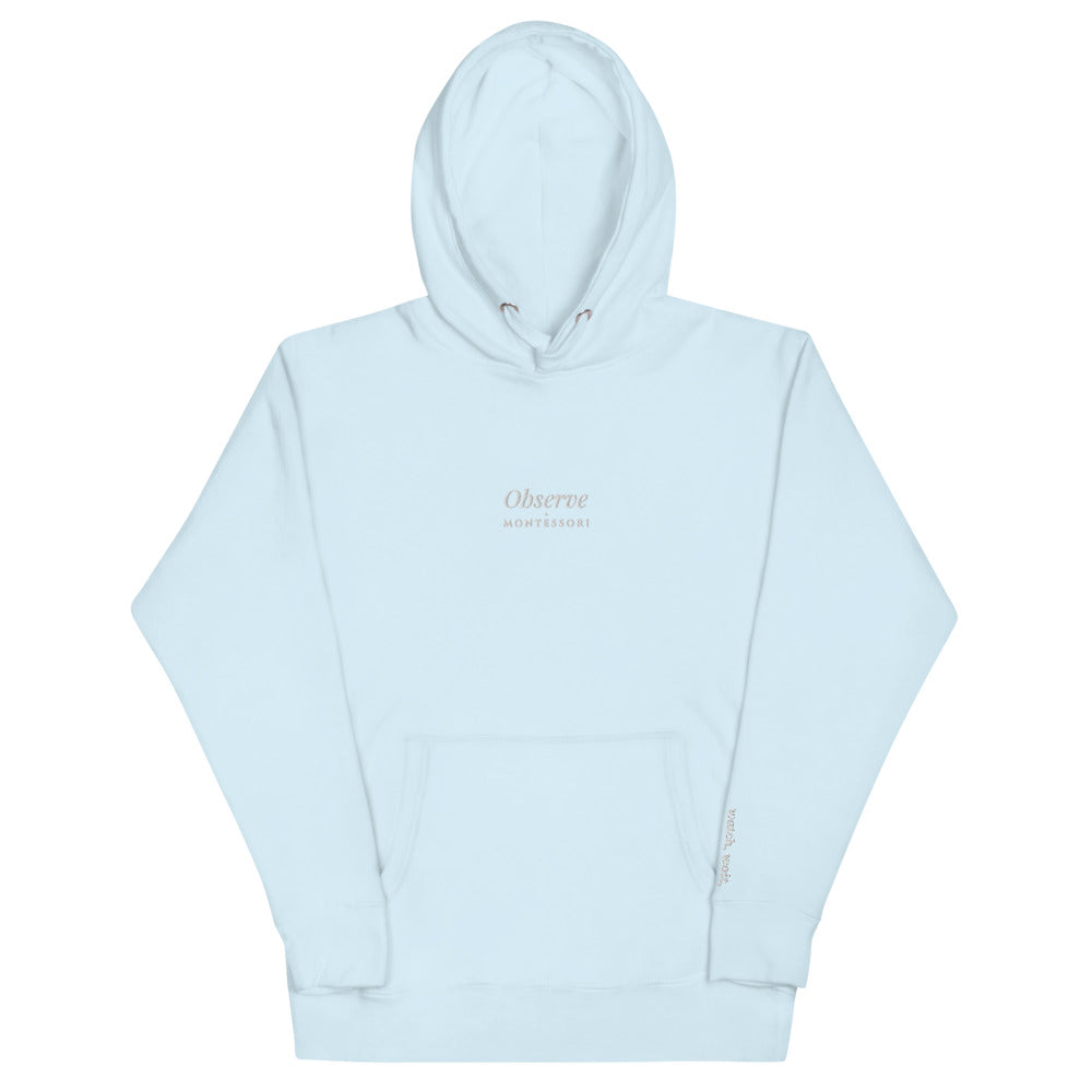 Observe Embroidered Hoodie in Sky Blue, front flat view.