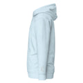 Observe Embroidered Hoodie in Sky Blue, left wrist embroidery.