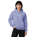 Observe Embroidered Hoodie in Violet, front view, worn.