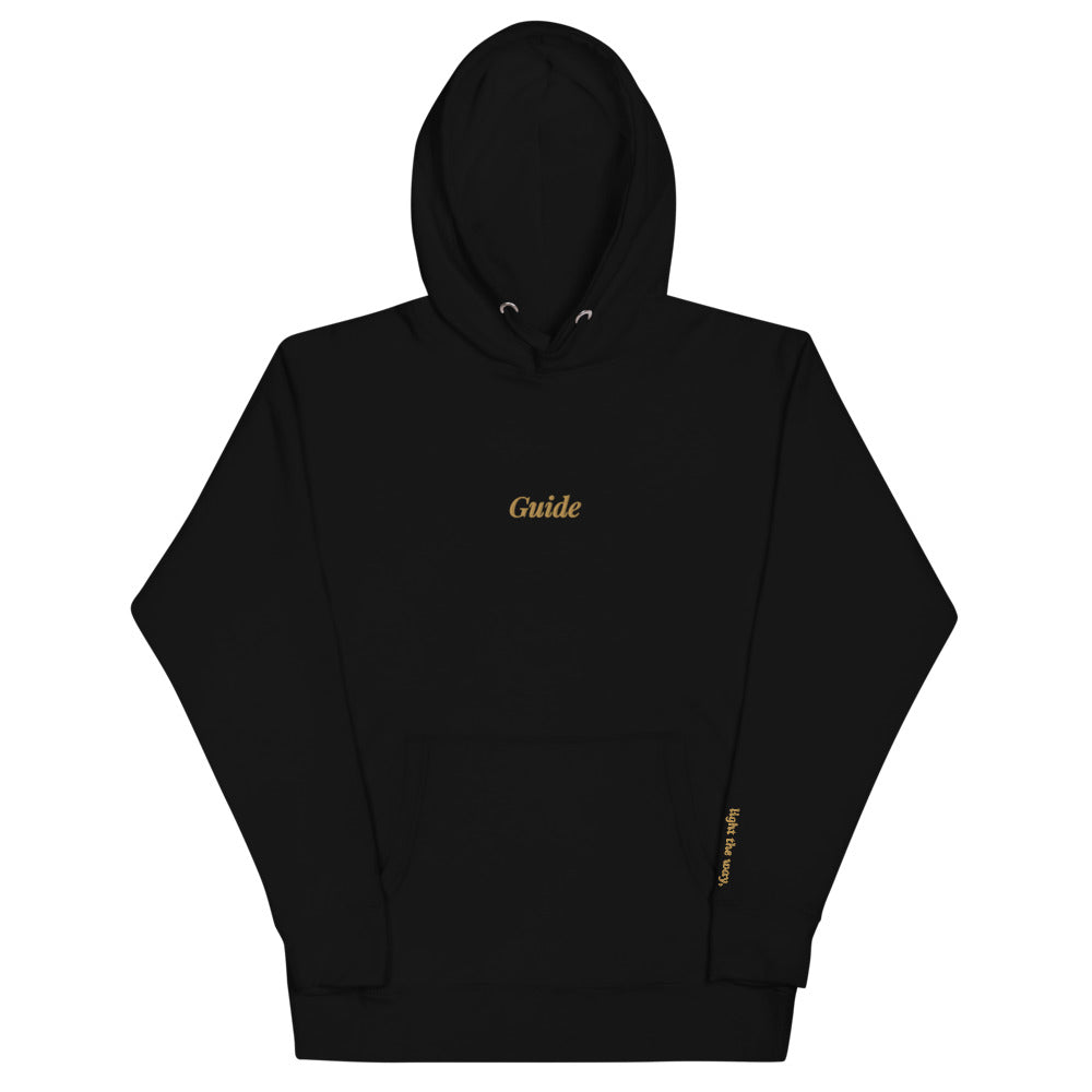 Guide Embroidered Hoodie in Black, front flat view.