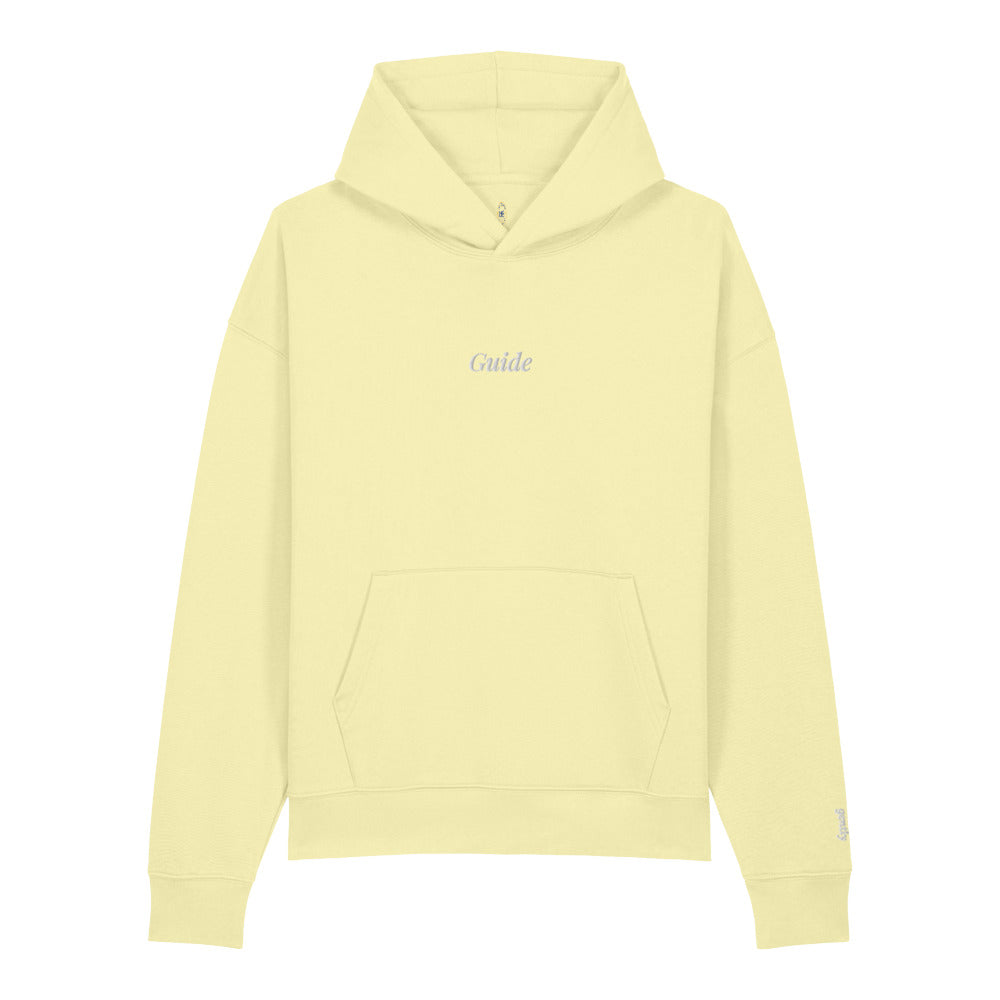Guide Embroidered Hoodie in Lemon Sorbet, left wrist embroidery.