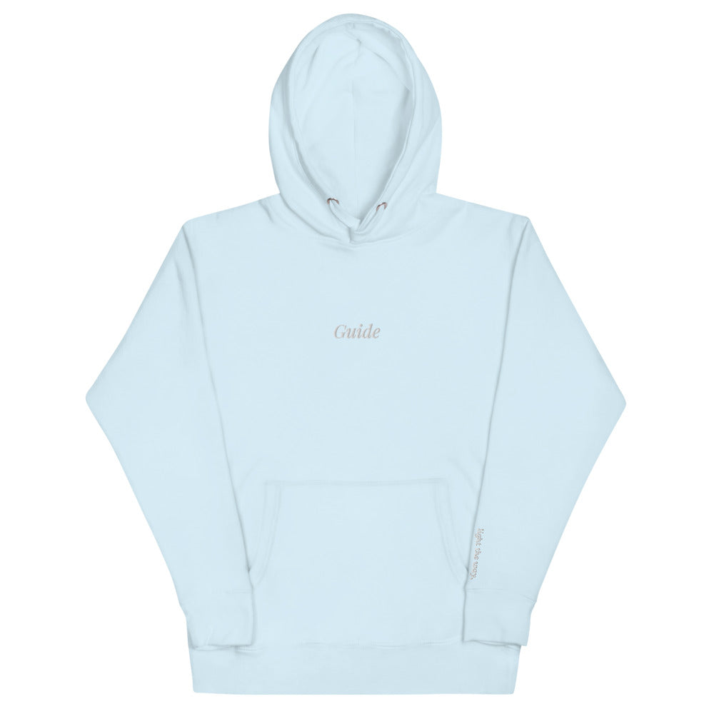 Guide Embroidered Hoodie in Sky Blue, front flat view.