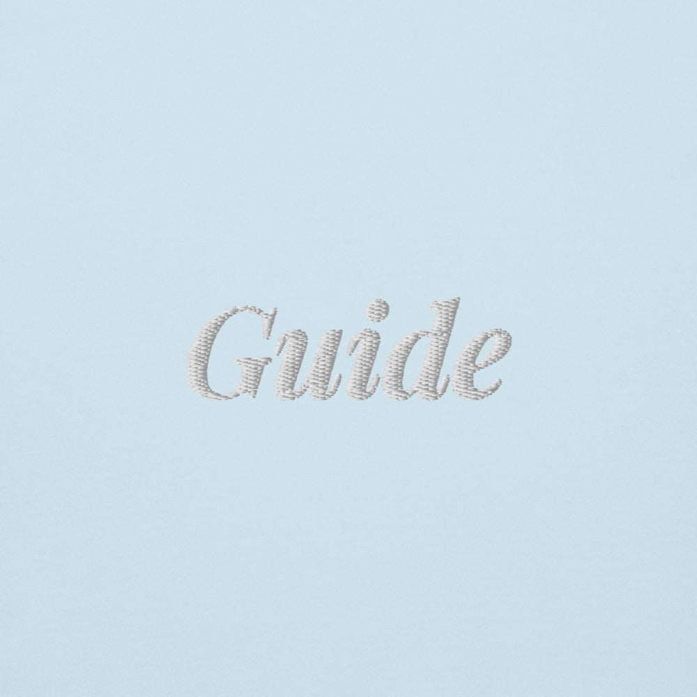 Guide Embroidered Hoodie in Sky Blue, close-up of the front embroidery.