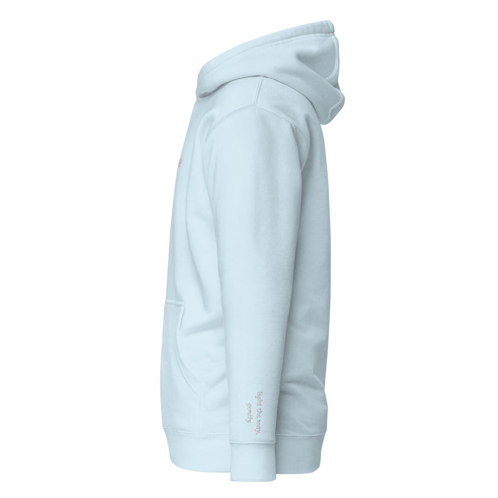 Guide Embroidered Hoodie in Sky Blue, left wrist embroidery.