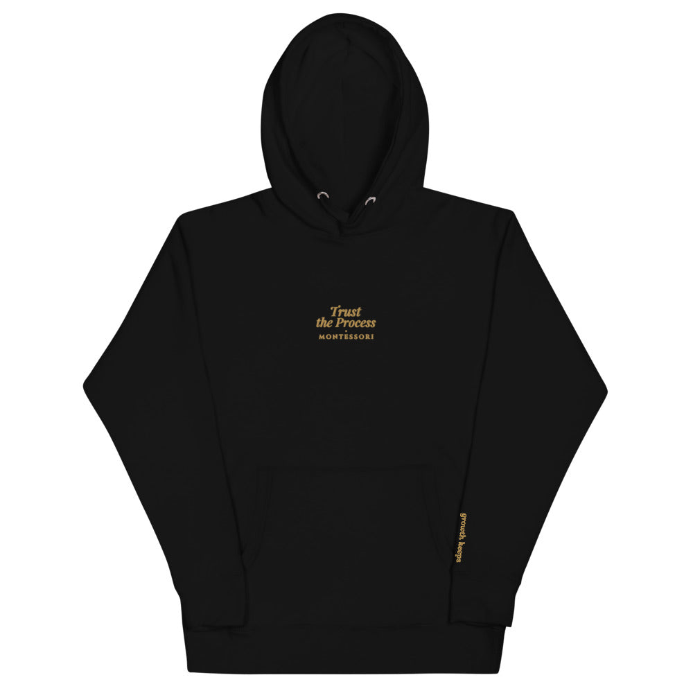 Trust the Process Embroidered Hoodie in Black, front flat view.