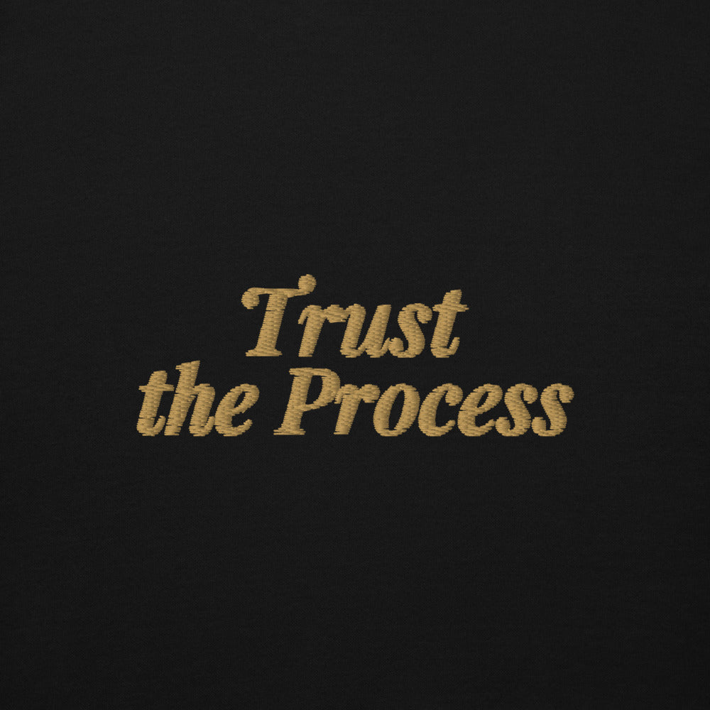 Trust the Process Embroidered Hoodie in Black, close-up of the front embroidery.