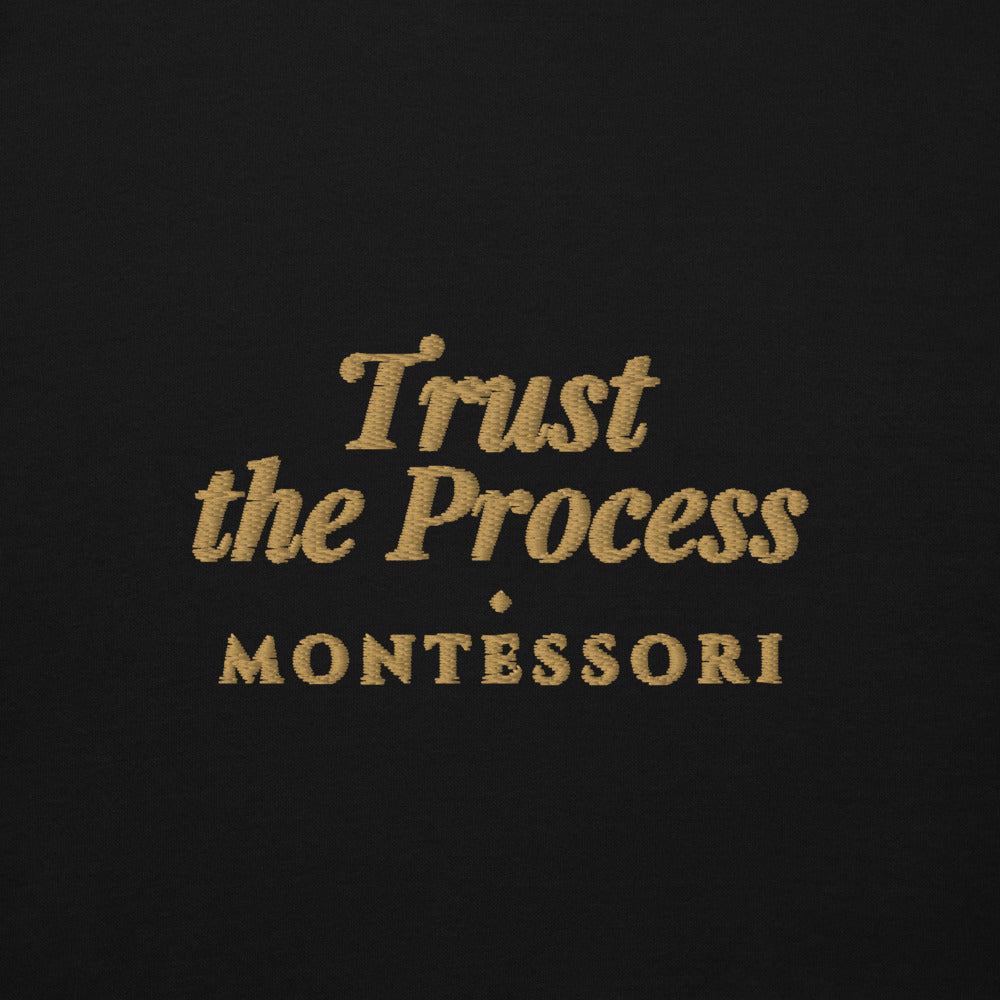 Trust the Process Embroidered Hoodie in Black, front view, worn.