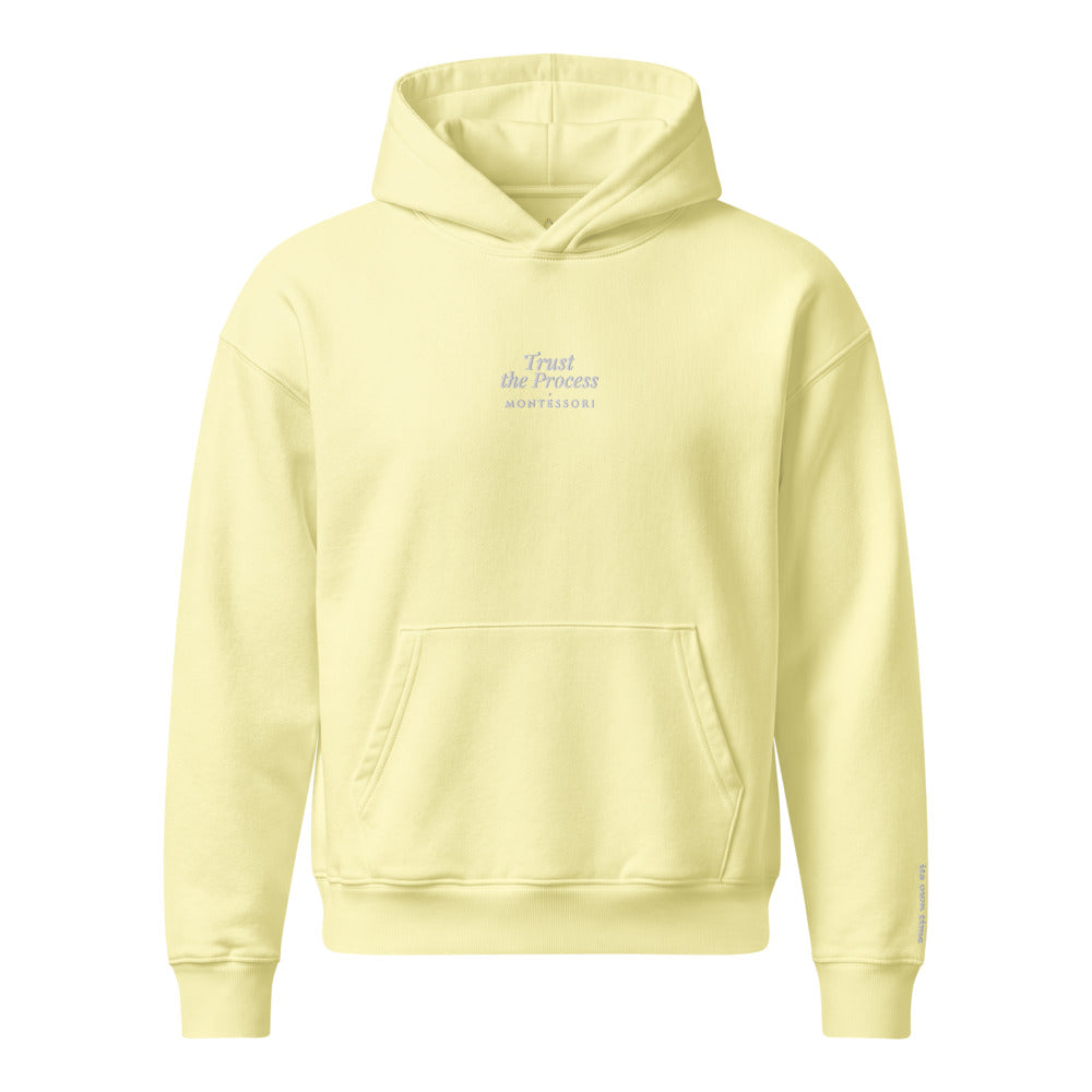 Trust the Process Embroidered Hoodie in Lemon Sorbet, front flat view.