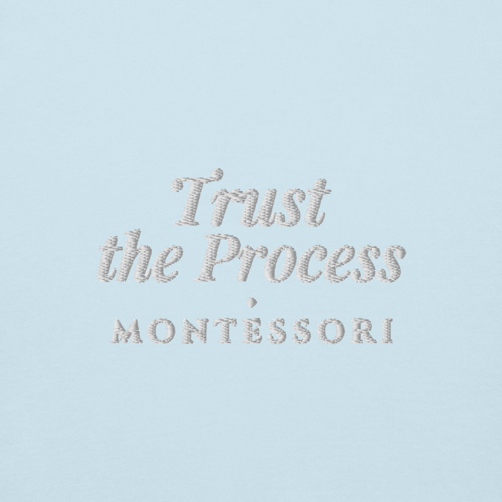 Trust the Process Embroidered Hoodie in Sky Blue, close-up of the front embroidery.
