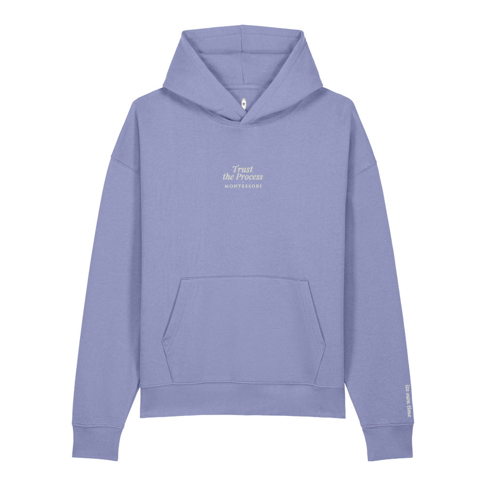 Trust the Process Embroidered Hoodie in Violet, left wrist embroidery.