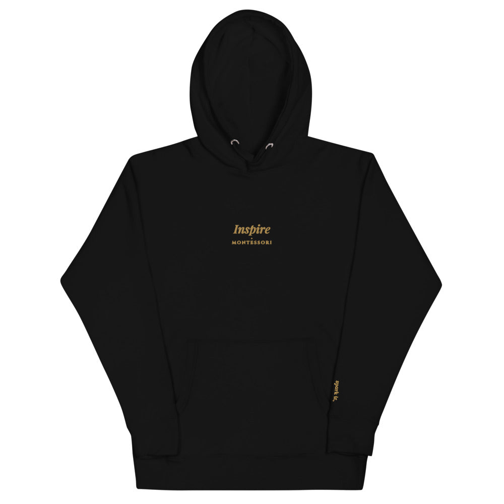 Inspire Embroidered Hoodie in Black, front flat view.