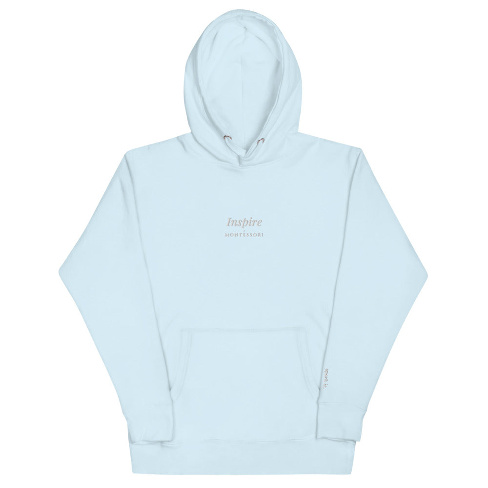 Inspire Embroidered Hoodie in Sky Blue, front flat view.