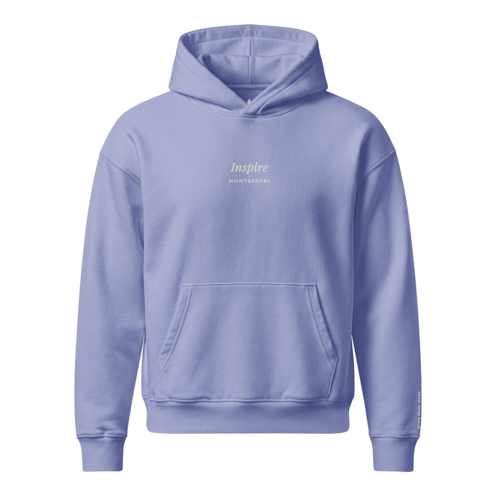 Inspire Embroidered Hoodie in Violet, front flat view.
