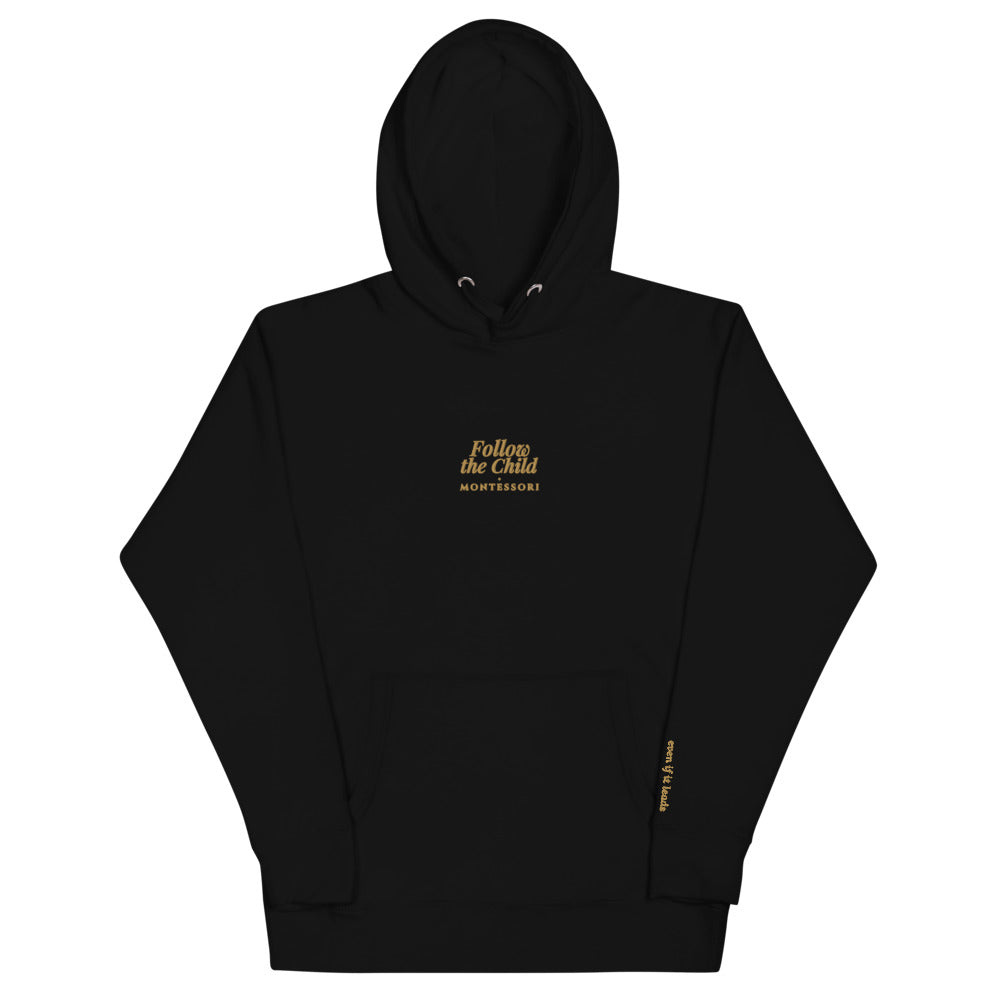Follow the Child Embroidered Hoodie in Black, front flat view.