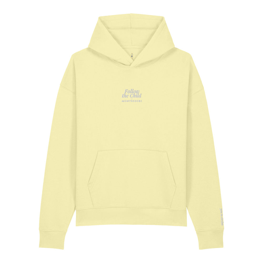 Follow the Child Embroidered Hoodie in Lemon Sorbet, close-up of the front embroidery.