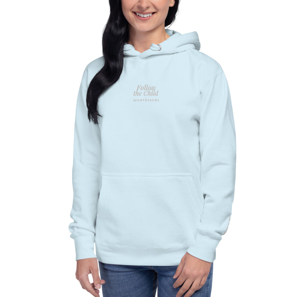 Follow the Child Embroidered Hoodie in Sky Blue, front view, worn.