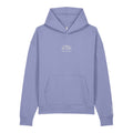 Follow the Child Embroidered Hoodie in Violet, close-up of the front embroidery.