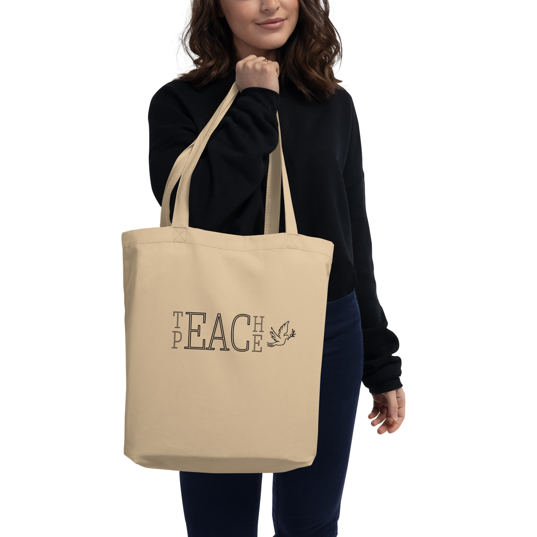 Teach Peace Organic Cotton Tote in Oyster, front view