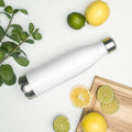 ME Signature Logo Stainless Steel Water Bottle (17 oz) in White, back view