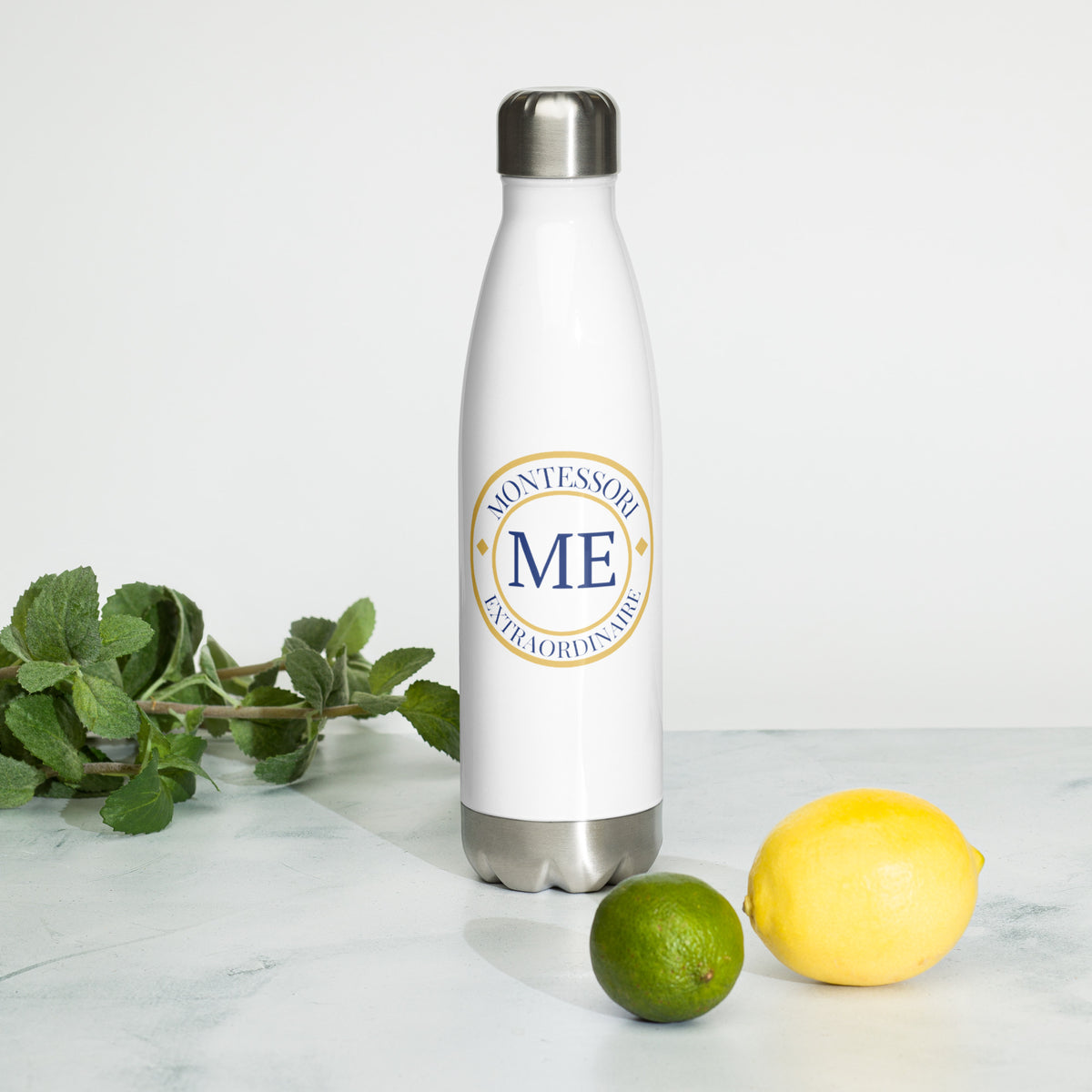 ME Signature Logo Stainless Steel Water Bottle (17 oz) in White, front view
