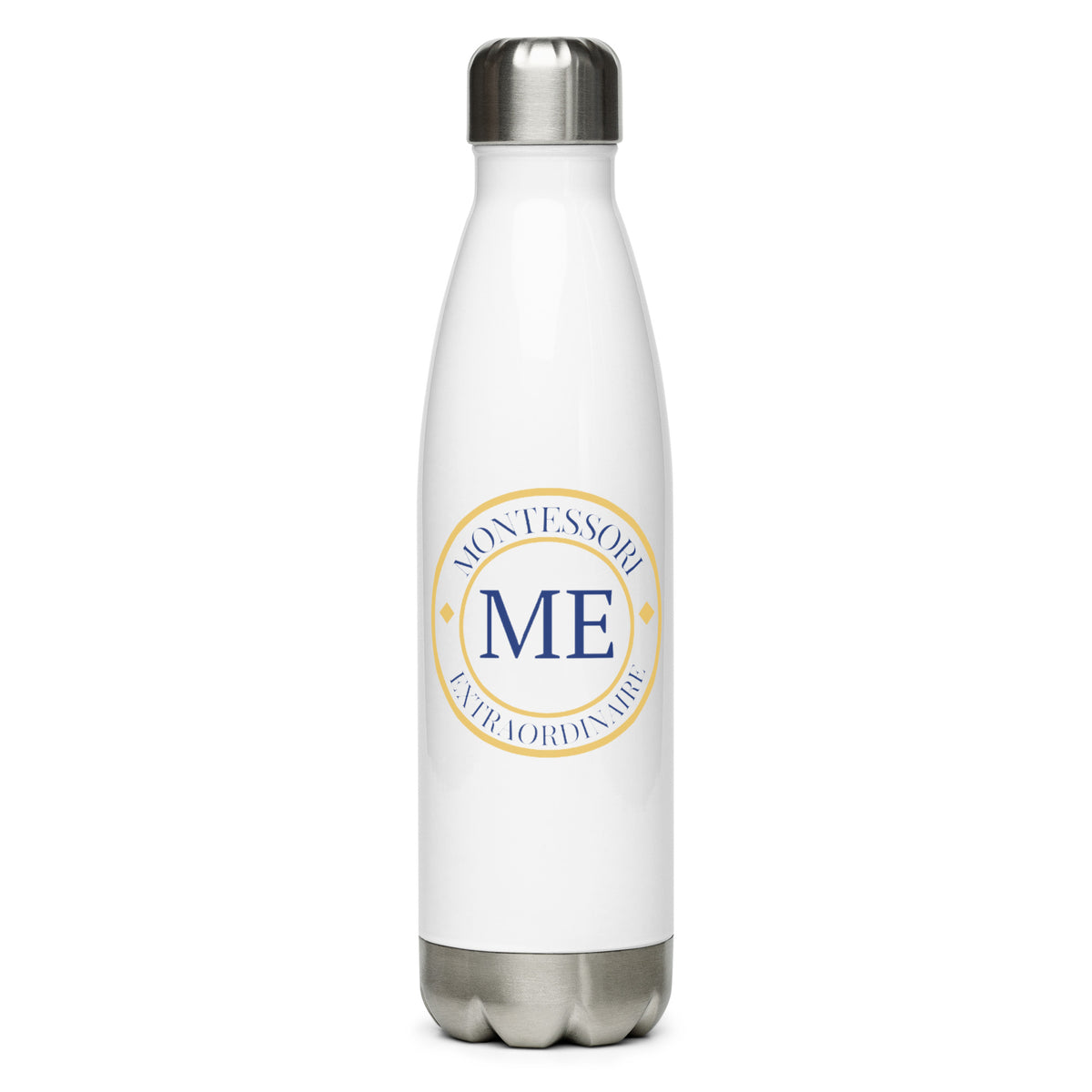 ME Signature Logo Stainless Steel Water Bottle (17 oz) in White, front view