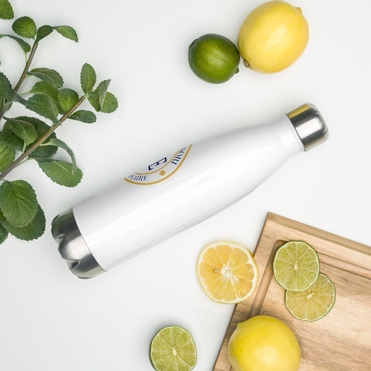 ME Signature Logo Stainless Steel Water Bottle (17 oz) in White, left view