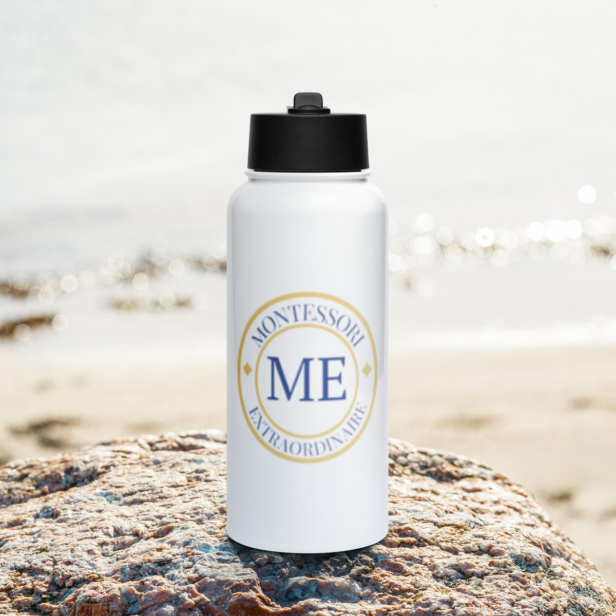 ME Signature Logo Straw-Lid Water Bottle (32 oz) in White, front view