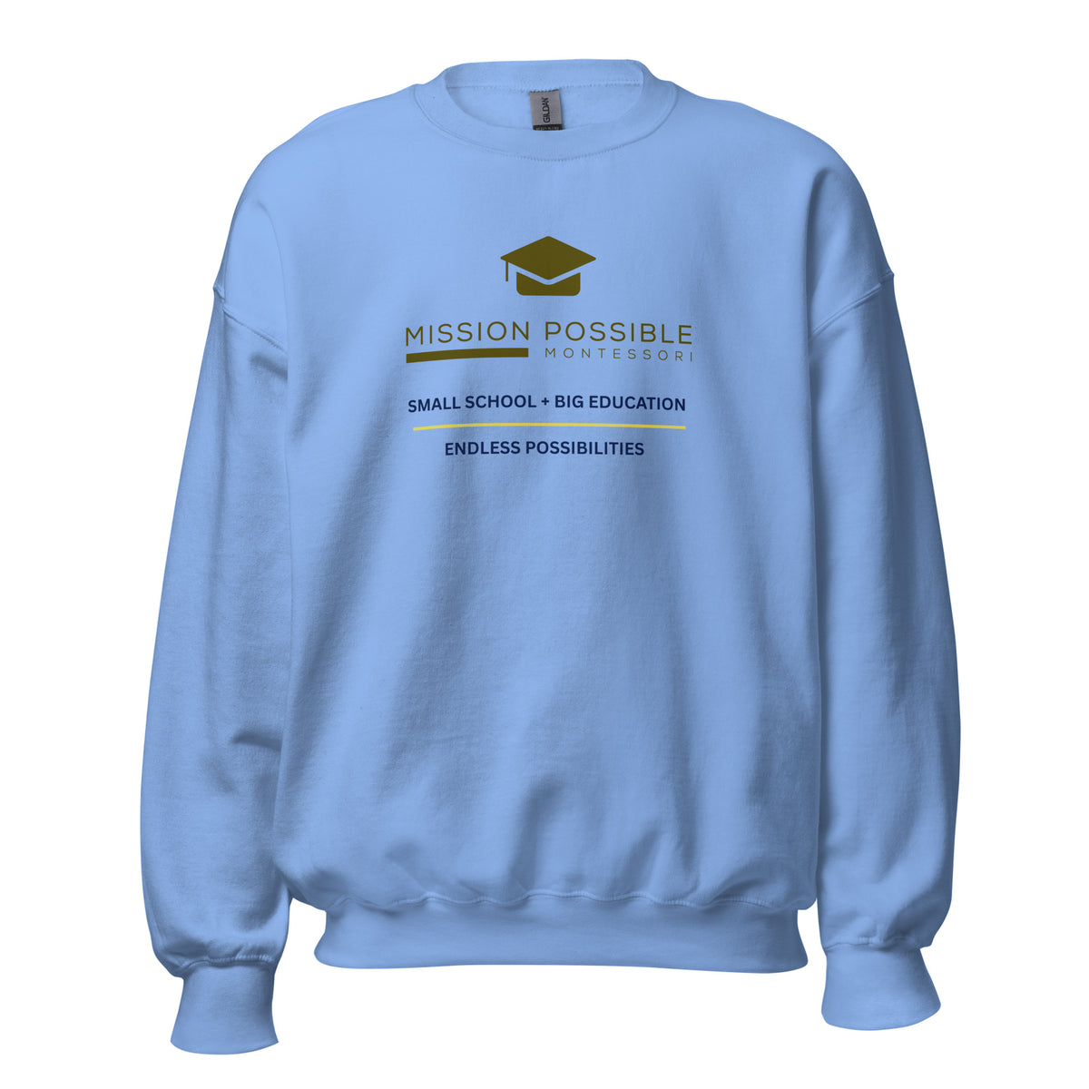 Mission Possible Montessori Small School + Big Education Crewneck Sweatshirt in Carolina Blue, front view