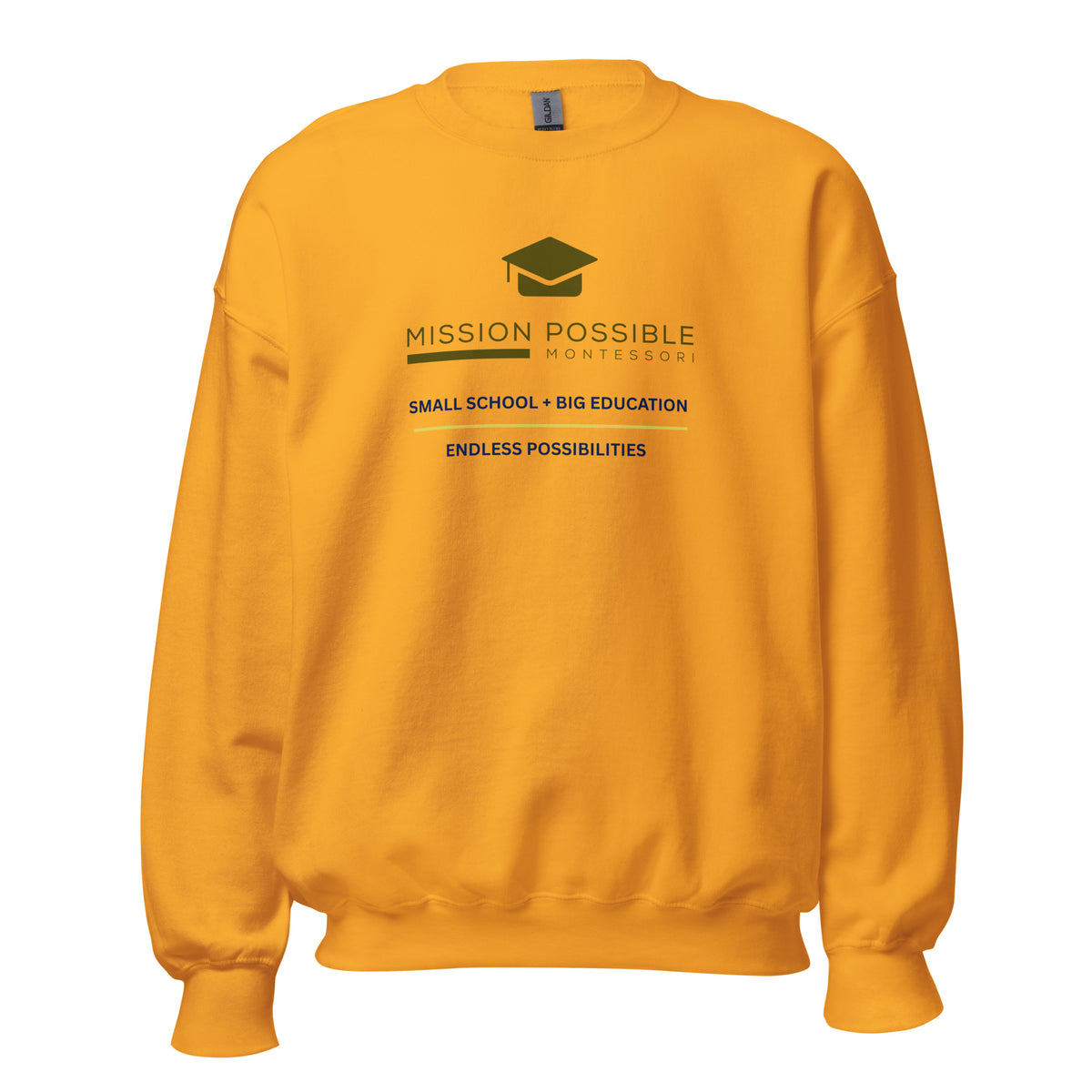 Mission Possible Montessori Small School + Big Education Crewneck Sweatshirt in Gold, front view