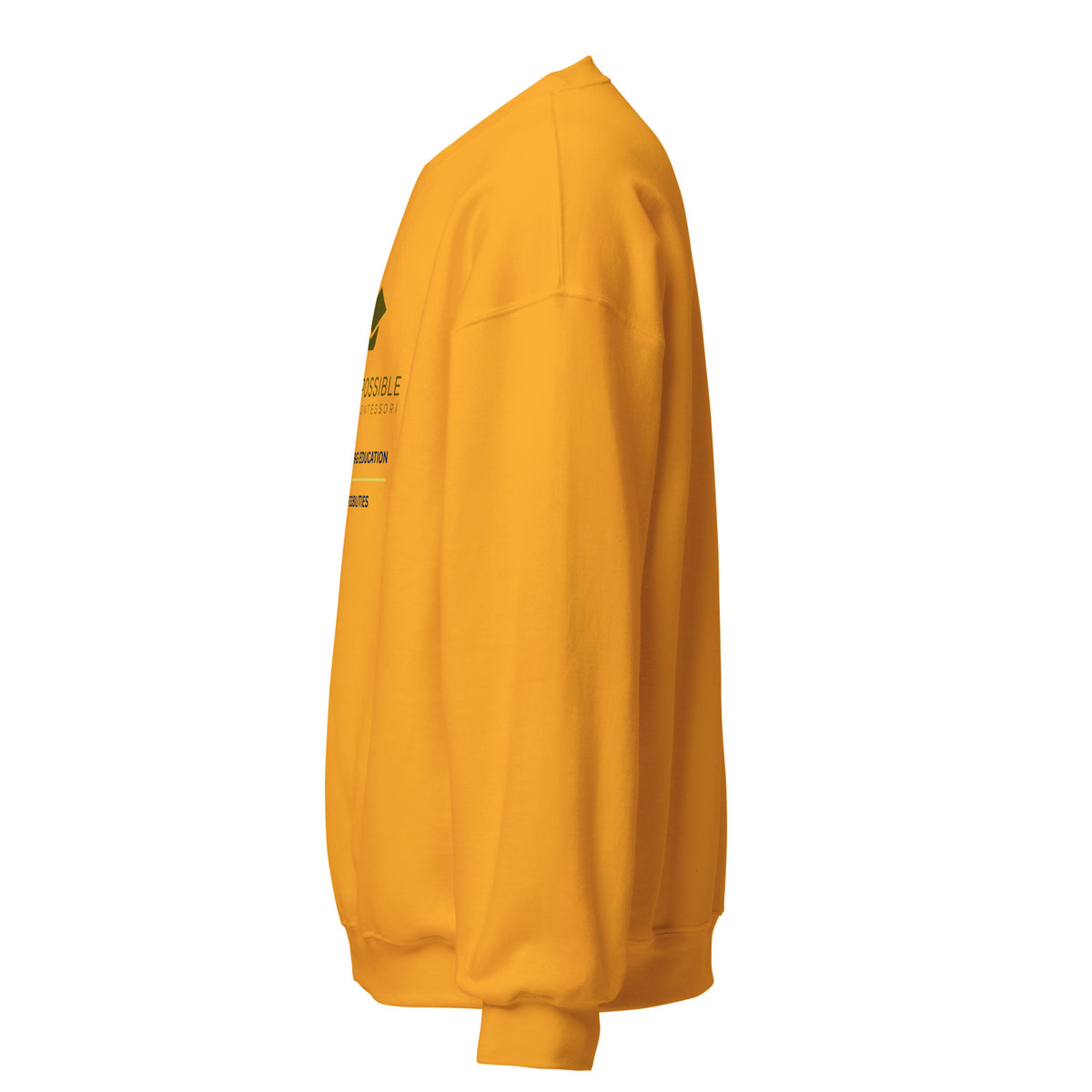 Mission Possible Montessori Small School + Big Education Crewneck Sweatshirt in Gold, left view