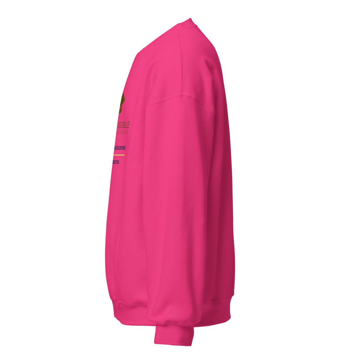 Mission Possible Montessori Small School + Big Education Crewneck Sweatshirt in Heliconia, left view