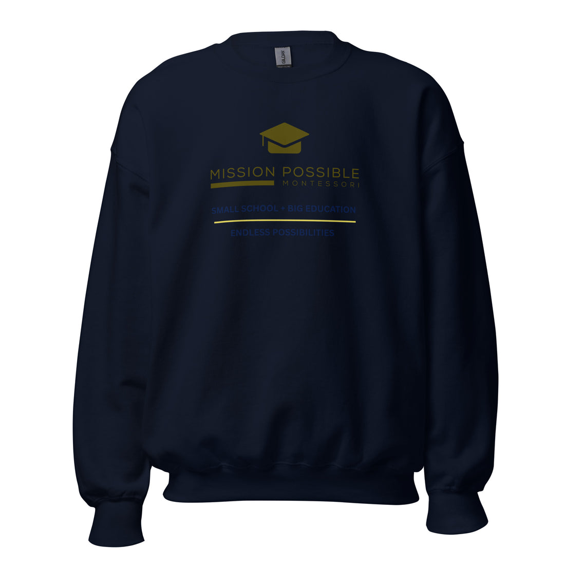 Mission Possible Montessori Small School + Big Education Crewneck Sweatshirt in Sand, front view