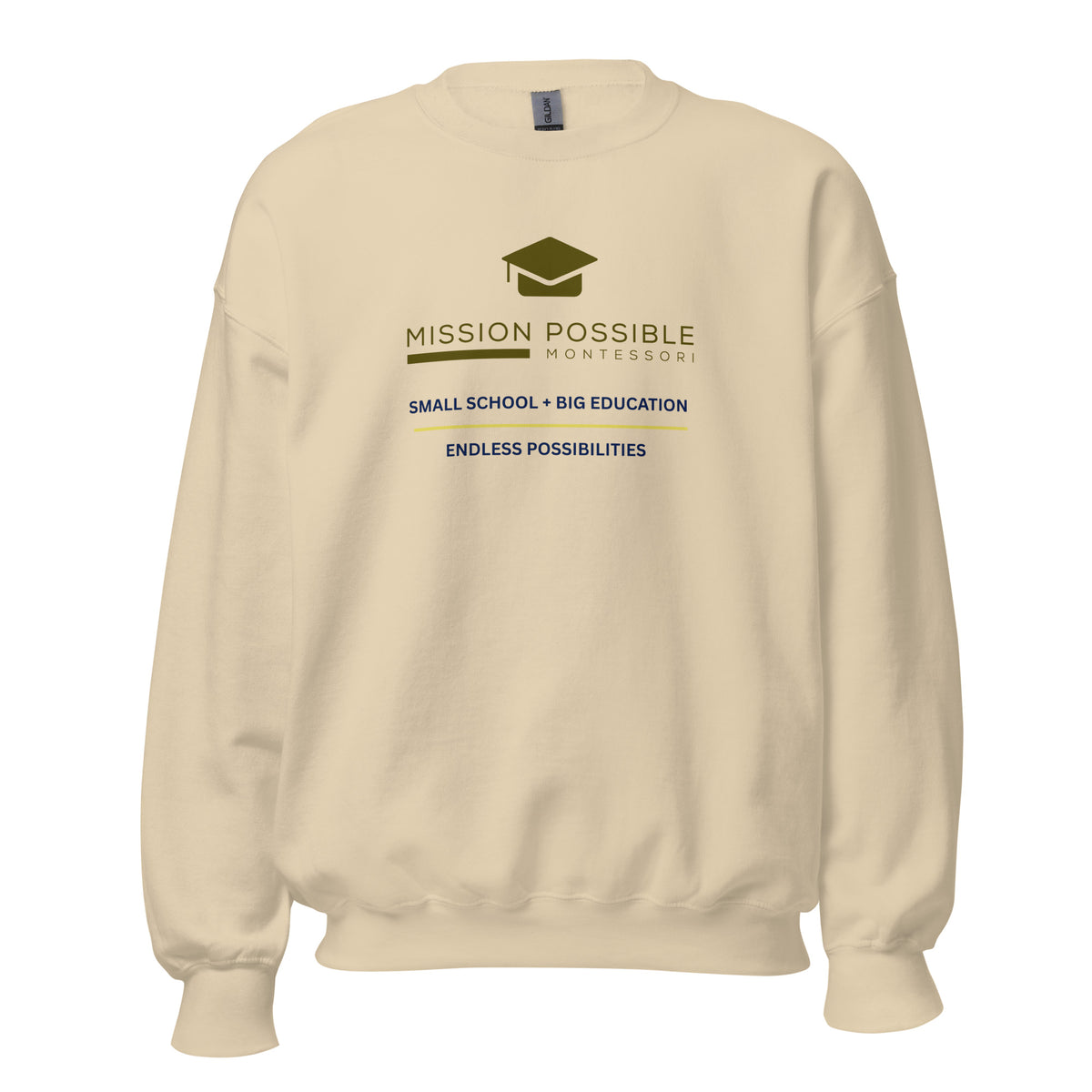 Mission Possible Montessori Small School + Big Education Crewneck Sweatshirt in Sand, front view