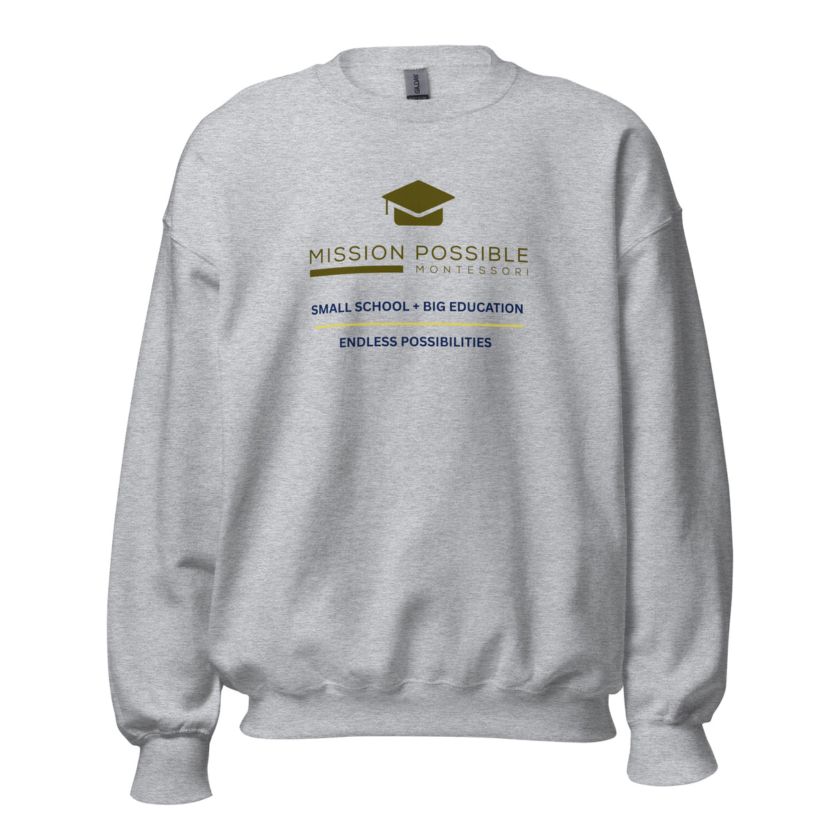 Mission Possible Montessori Small School + Big Education Crewneck Sweatshirt in Sport Grey, front view