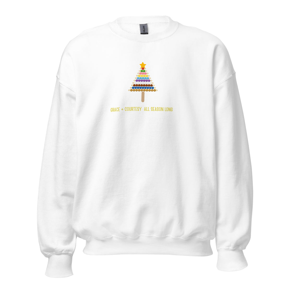 Grace + Courtesy All Season Long Holiday Crewneck Sweatshirt in White, front view