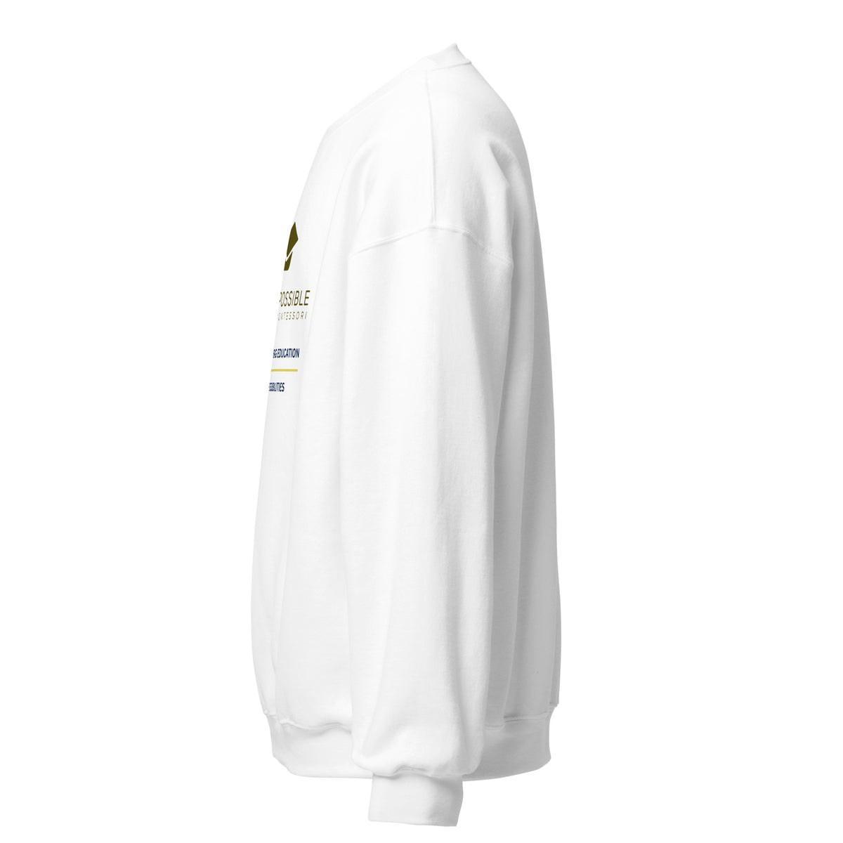 Mission Possible Montessori Small School + Big Education Crewneck Sweatshirt in White, left view