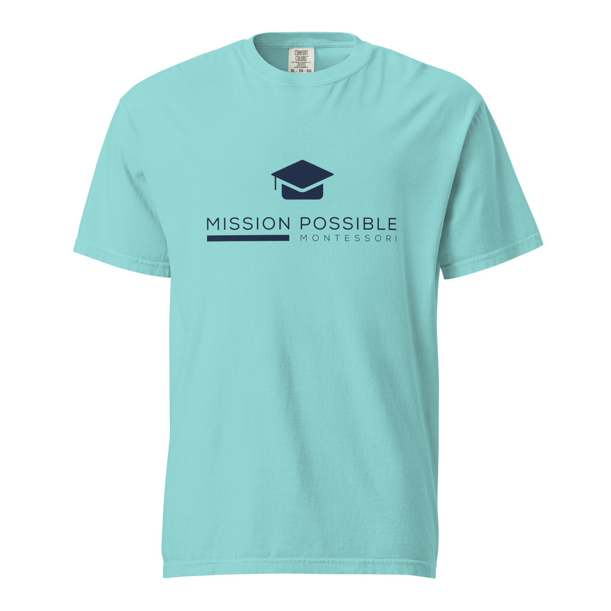 Mission Possible Montessori Logo Garment-Dyed Heavyweight Tee in Lagoon Blue, front view