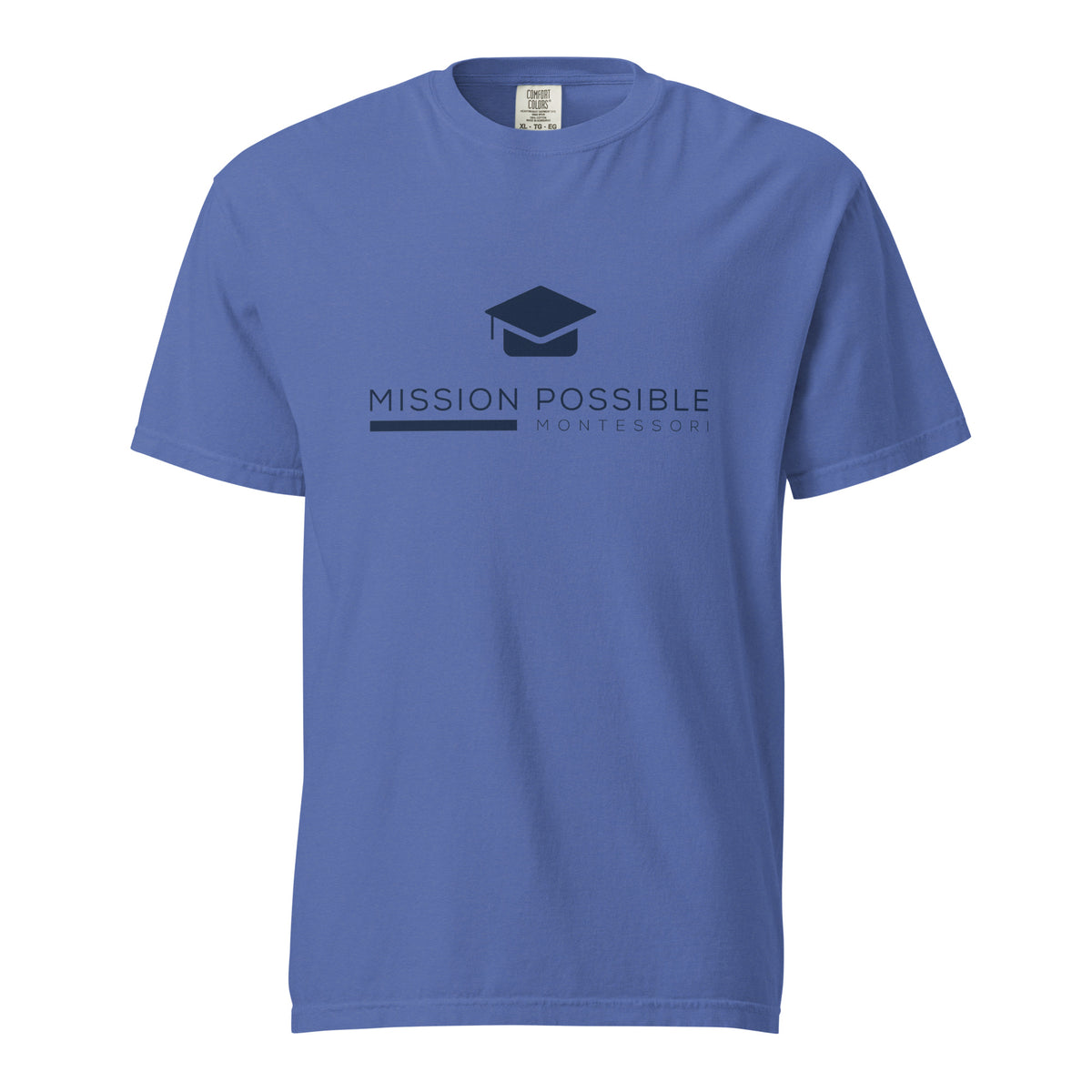 Mission Possible Montessori Logo Garment-Dyed Heavyweight Tee in Mystic Blue, front view